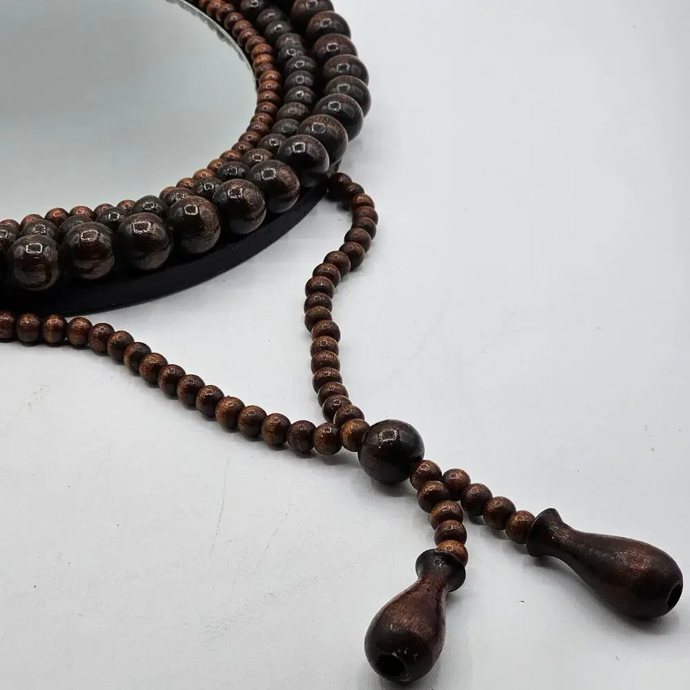Boho Wooden Beaded Oval Hanging Mirror Tassel Retro 1970s Wall Decor